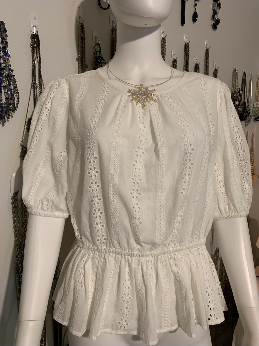 Lost + Wander White Eyelet Peplum Blouse with necklace